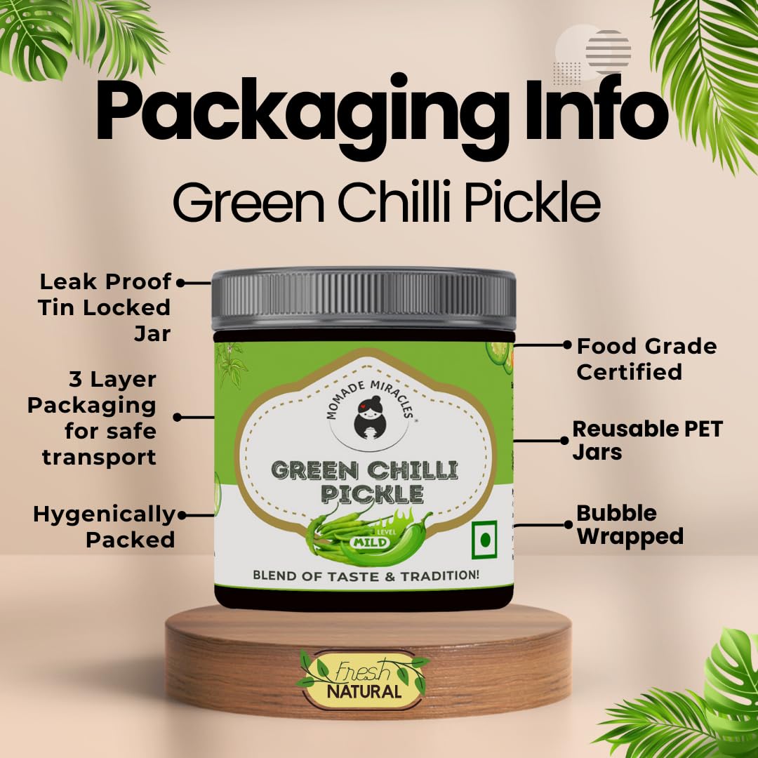 Momade Miracles Green Chilli Pickle | Hari Mirch Ka Achar - Hot, Tangy, Spicy & Delicious | Traditional Indian Taste | Made With Fresh Green Chilles | 100% Organic Green Chille Pickle (400gm)