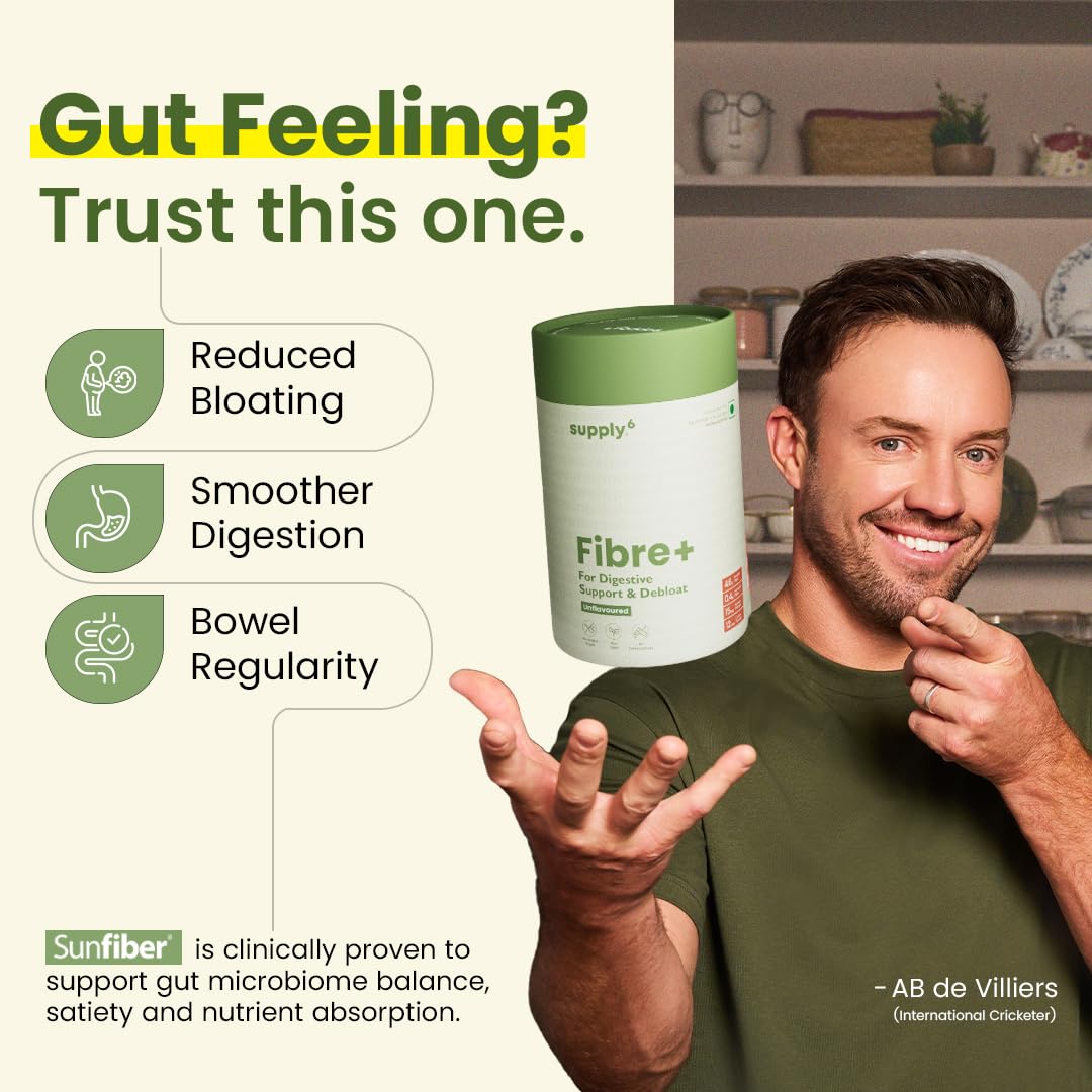 Supply6 Fibre+ Digestive Support & Debloat Health Powder | Prebiotic & Soluble Fiber Supplement, Gut Health & Bloating Relief | No Added Sugar, Non-GMO Sachets (Unflavoured, 15 Servings)
