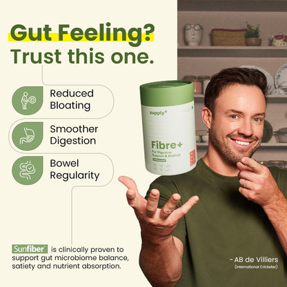 Supply6 Fibre+ Digestive Support & Debloat Health Powder | Prebiotic & Soluble Fiber Supplement, Gut Health & Bloating Relief | No Added Sugar, Non-GMO Sachets (Unflavoured, 15 Servings)