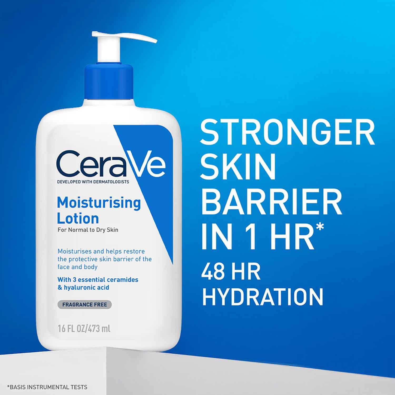 CeraVe moisturizing lotion bottle with promotional text on a blue background