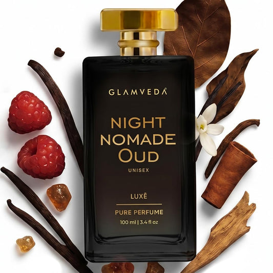 Glamveda Night Nomade Oud Unisex Pure Perfume 100ml | Luxury Long Lasting | Perfume for Man & Woman | with Raspberry, Spicy, Ambergris, Oud and Vanilla | Premium Fragrance