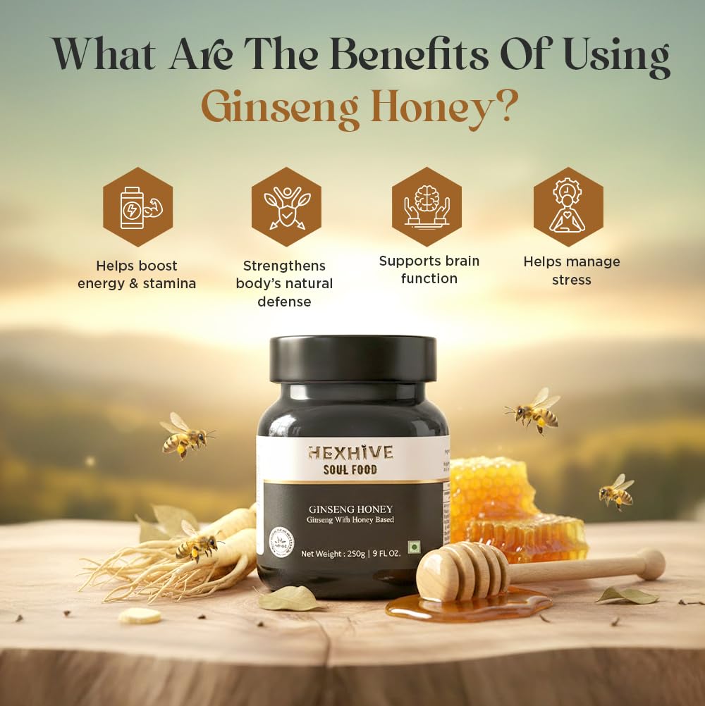 Hexhive ginseng honey bottle with benefits listed on a wooden surface with honeycomb and bees.
