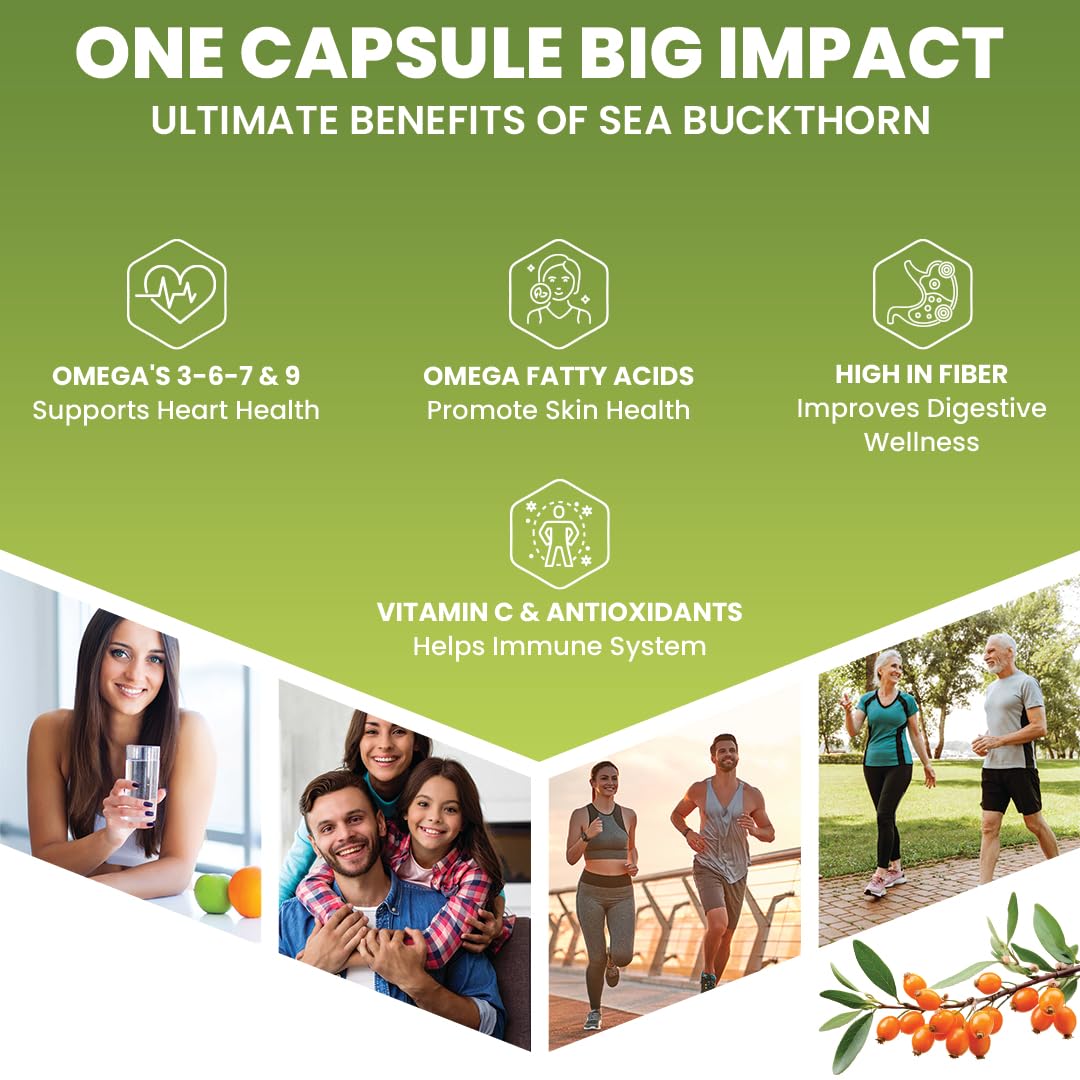 Promotional graphic about the benefits of sea buckthorn with icons and images of people and nature.