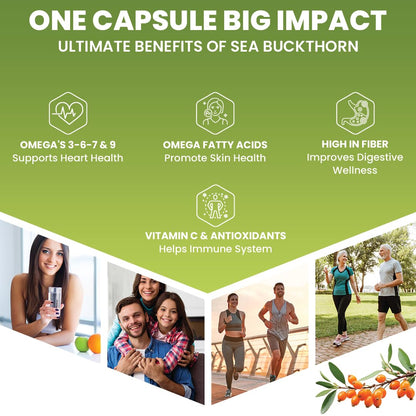 Promotional graphic about the benefits of sea buckthorn with icons and images of people and nature.