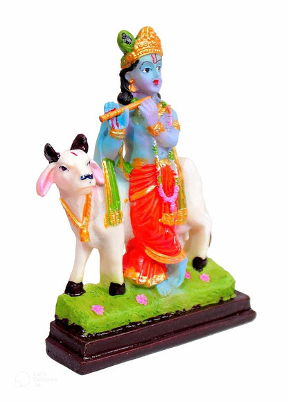 Lord Krishna Idol with Cow | Resin Figurine | Multicolour | Handcrafted | Home Decor and Spiritual Gift