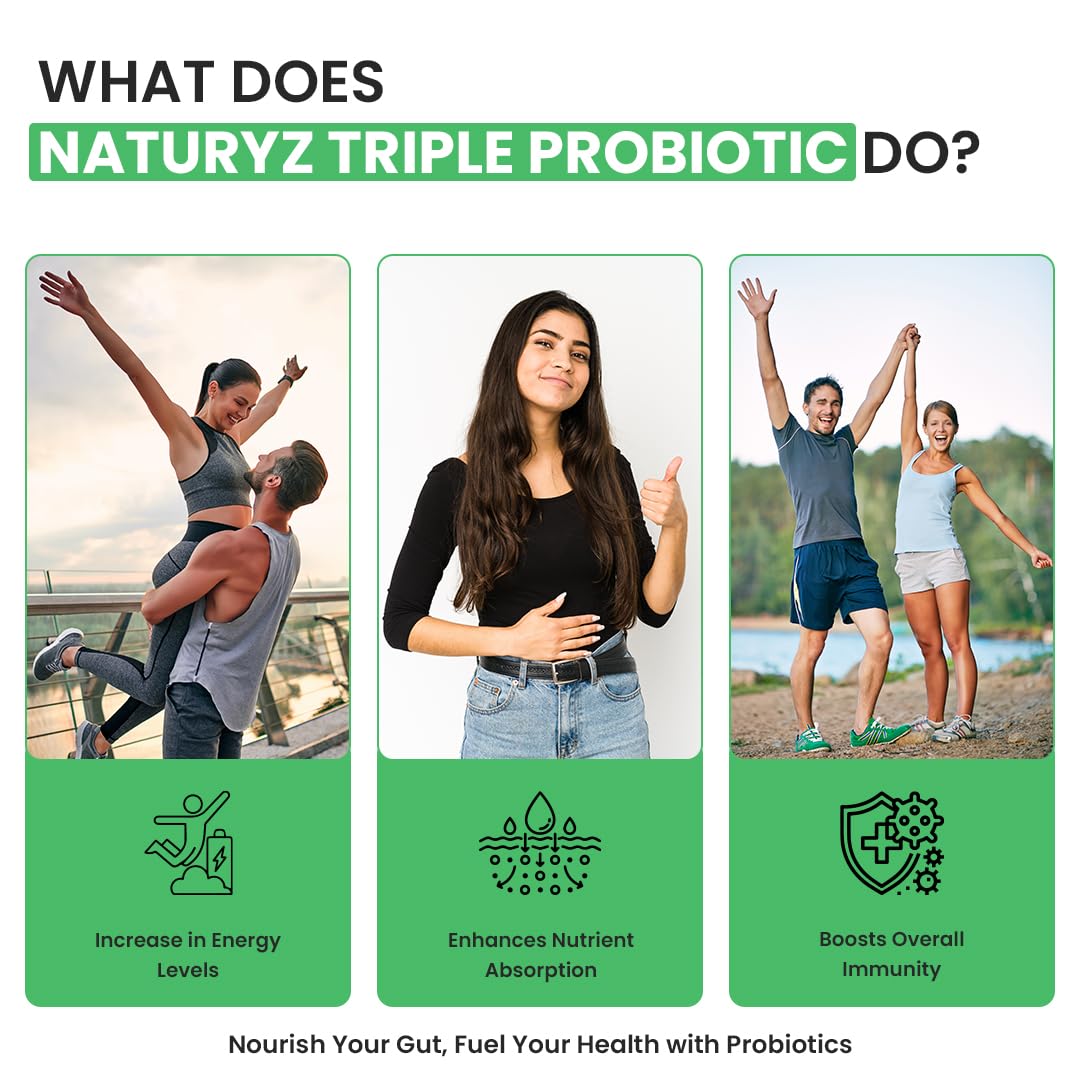 Promotional graphic for Naturyz Triple Probiotic with people exercising outdoors and text about benefits.