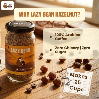 Lazy Bean Hazelnut Flavoured - Premium Instant Coffee Powder 50 g | Strong Black Coffee, Rich Aroma, Quick-Dissolving Granules | Ready in Seconds for Hot or Iced Brews at Home, Office, Travel