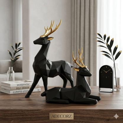 Decorative Resin Deer Figurines, Resin, 25 cm Height, Set of 2, Standing and Sitting Deer Statues Geometric Showpiece for Home Decor | Housewarming Gift (Black)