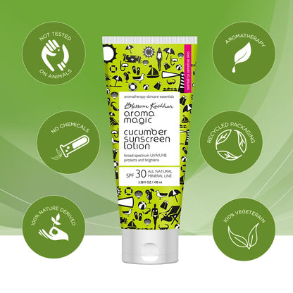 Aroma Magic Cucumber SPF 30 Sunscreen Lotion 50 ml | for Normal to Sensitive Skin | Non-Nano Zinc Oxide, Wheatgerm & Coconut Oil | Cools, Soothes & Protects | No Parabens or Alcohol | Pack of 1