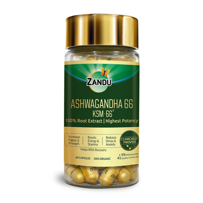 Zandu Ashwagandha KSM-66 (600 mg high dose formula) Tablets | Clinically Proven for 72% Decrease in stress and anxiety levels I Boosts Energy & Strength | 60 tablets I 100% Pure Root Extract