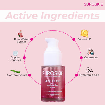Suroskie Rose Glass All Rounder Face Serum 30Ml | Korean-Inspired Glow | With Vitamin C, Kojic & Hyaluronic Extract | Glowing, Brightening & Hydrated Skin | All Skin Types | Face Serum For Men & Women