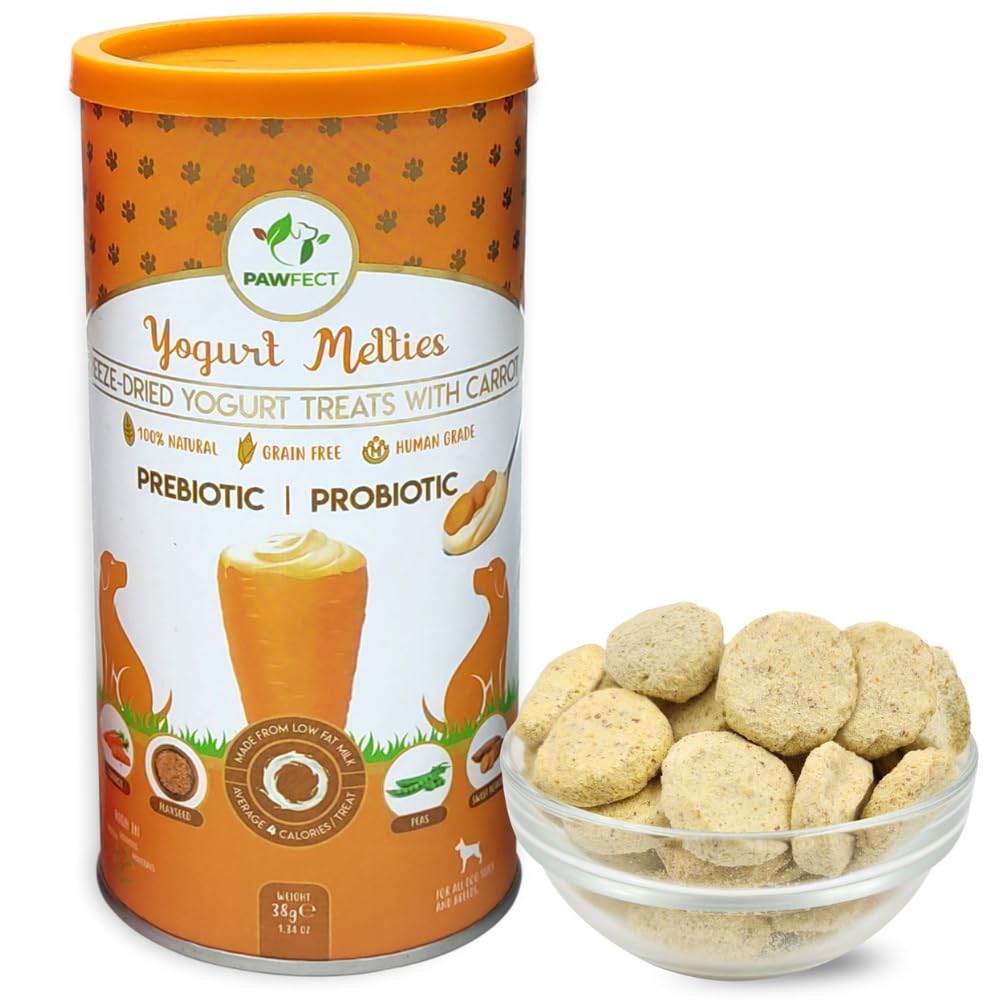 Pawfect Yogurt Melties Freeze Dried Pre and Probiotic Dog Treats with Carrot, Flaxseed, Pea & Sweet Potato - Healthy Gut - Low Calories - Grain & Gluten Free - Reward or Training Treats (38g/1.34oz)
