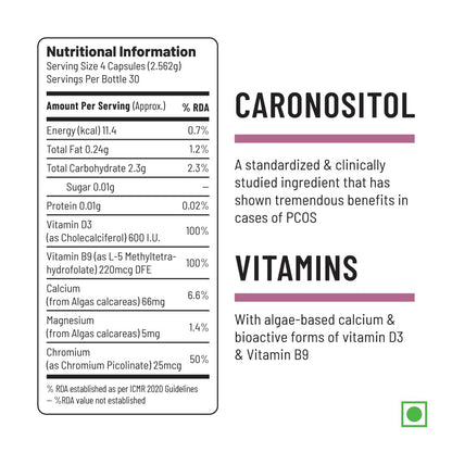Zephivo Unived PCOS Management, 40:1 Ratio 2000mg Myo-Inositol to 50mg D-Chiro-Inositol with Natural Caronisitol®, for Acne, Facial Hair, Insulin Resistance (1 Month Supply capsules)
