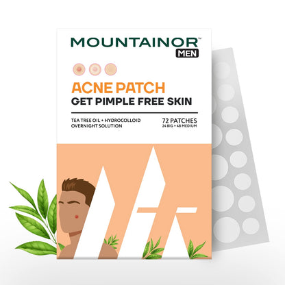 Mountainor Men acne patch packaging with tea tree oil and hydrocolloid ingredients on a white background.