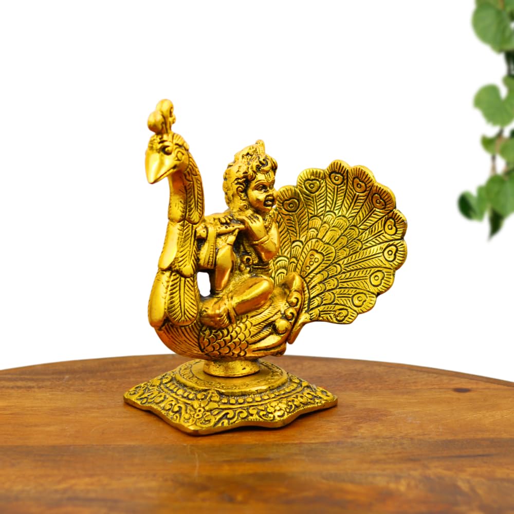Gold Plated Bal Krishna Idol on Peacock Bansuri Playing Metal Statue for Janmashtami, Home Mandir, Spiritual Decor & Gifting