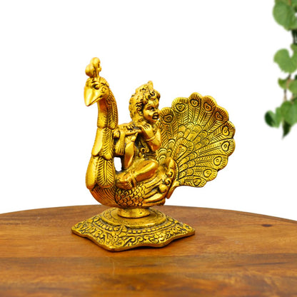 Gold Plated Bal Krishna Idol on Peacock Bansuri Playing Metal Statue for Janmashtami, Home Mandir, Spiritual Decor & Gifting
