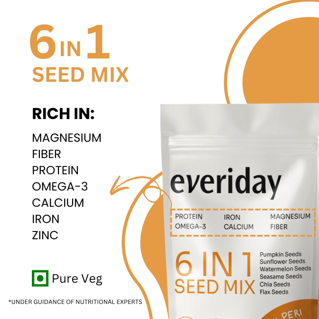 Everiday Honey & Peri Peri Roasted 6-in-1 Super Seed Mix | 250g | Pumpkin, Sunflower, Watermelon, Sesame, Chia & Flax | Healthy Crunchy Snack for Daily Nutrition | High Protein, Fibre & Omega-3 | Vegan & Gluten-Free