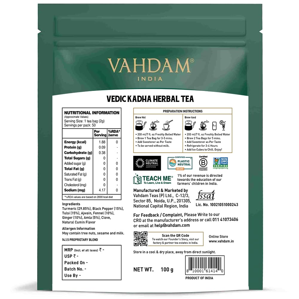 VAHDAM, Vedic Kadha Infusion Bags – 50 Pyramid Bags | Caffeine Free | Botanical Tisane – Earthy & Savory | Resealable Ziplock Pouch