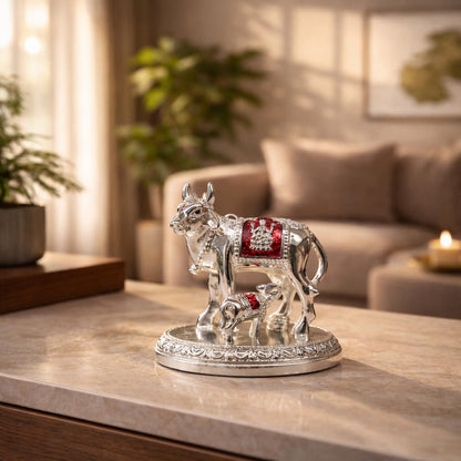 Gold Art India Kamdhenu Cow and Calf Idol with Red Accents | Shiny Silver Finish | 7.62 cm Decorative Gau MATA Murti for Home Temple, Gift & Office