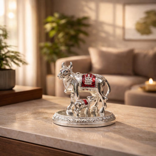 Gold Art India Kamdhenu Cow and Calf Idol with Red Accents | Shiny Silver Finish | 7.62 cm Decorative Gau MATA Murti for Home Temple, Gift & Office