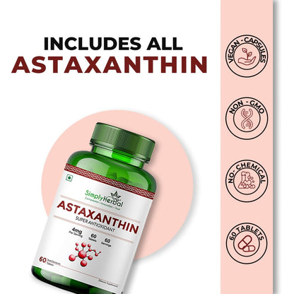 Simply Herbal Astaxanthin 4mg Super Antioxidant, Supplement tablet Promote Healthy Skin & Muscle Health Also Support Heart Function & Immunity (60 Veg Tablets)