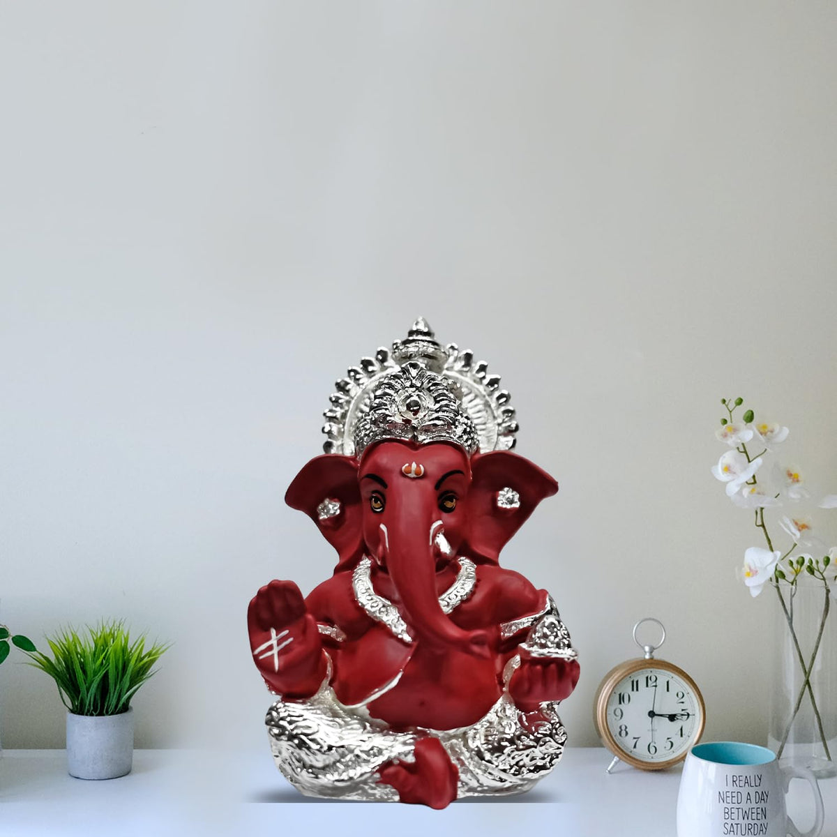 999 Silver Plated Ganesh Idol for Office Desk Puja Room God Ganesha Idol for Home Decor Ganpati for Gift 3.5 inches (8.89 x 5.08 cm) (Mukut Silver red), Religious