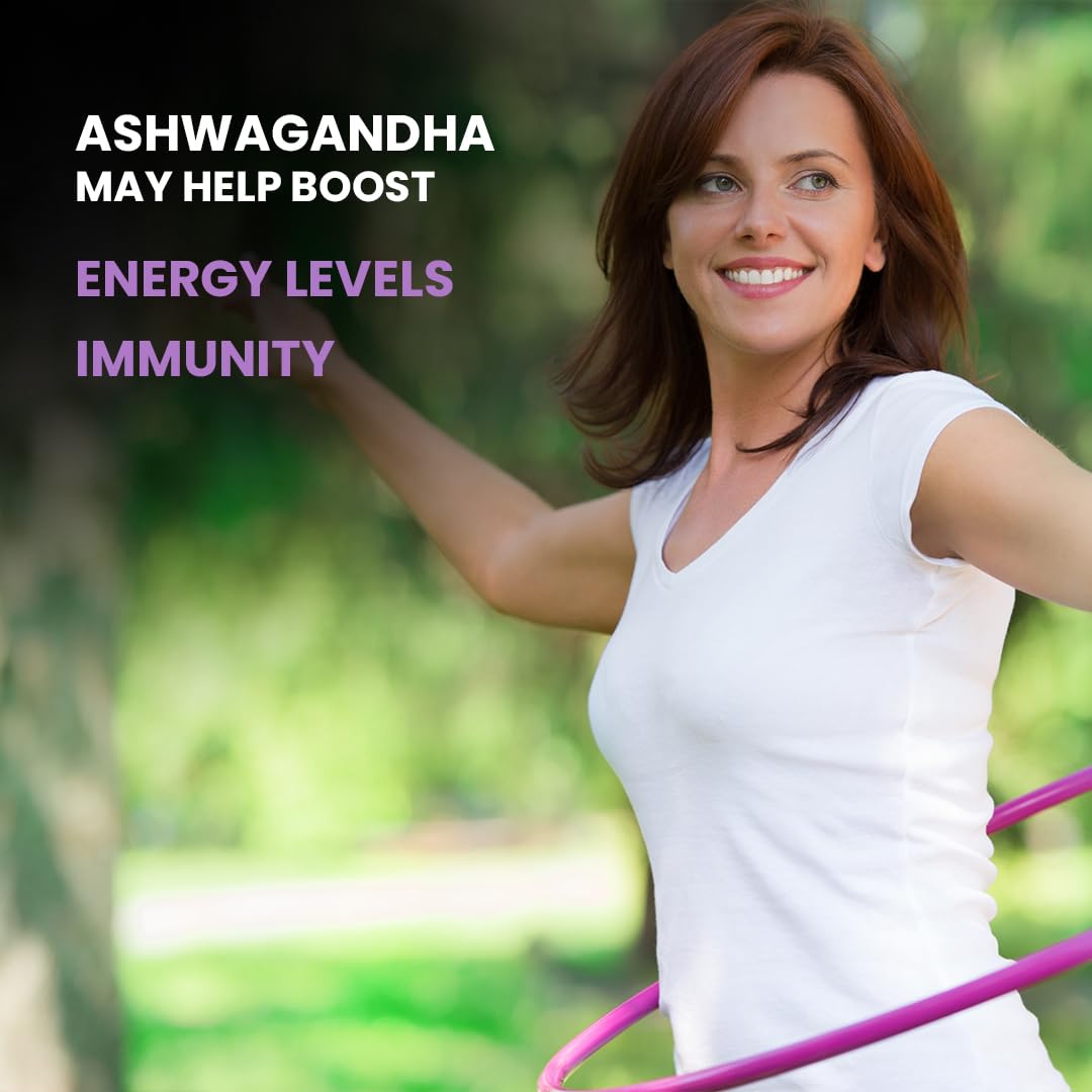Woman with a hula hoop outdoors with text about Ashwagandha benefits