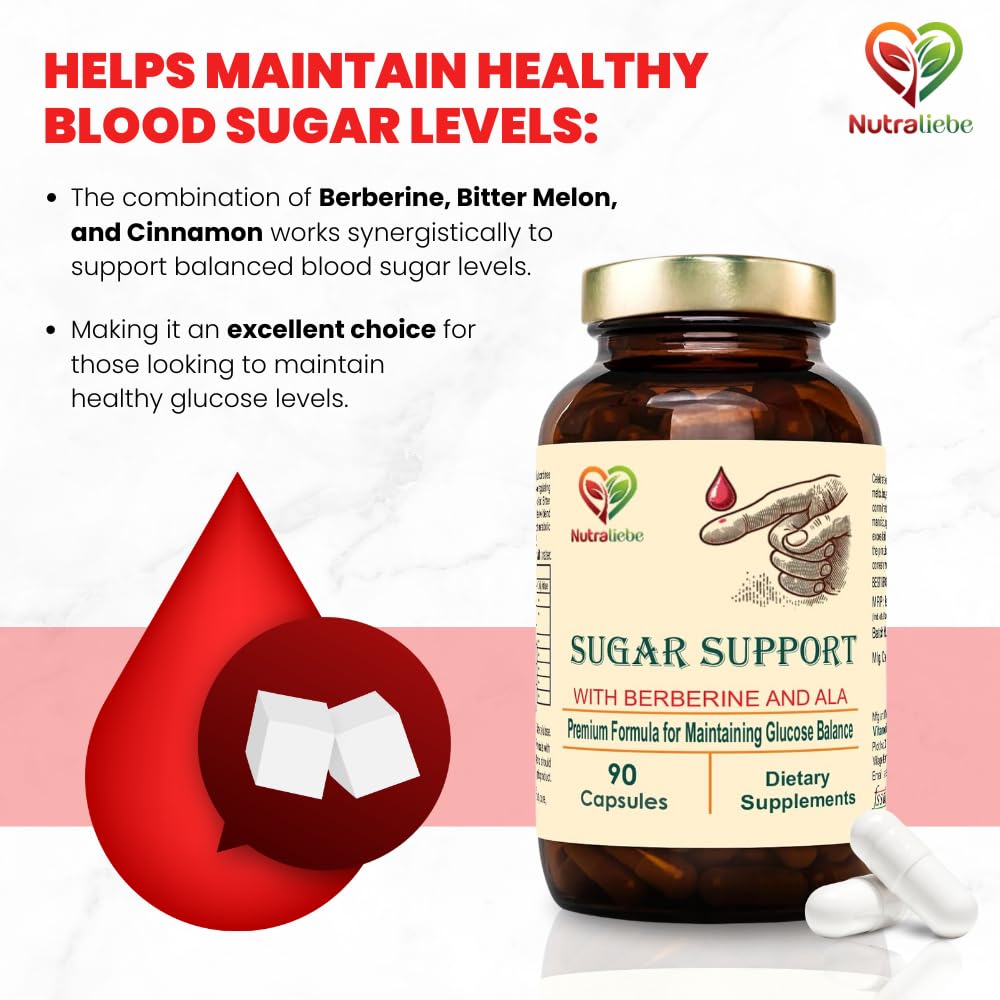 Nutraliebe Premium Blood Sugar Support, Natural Glucose Control with Berberine, Bitter Melon, Cinnamon, 90 Capsules