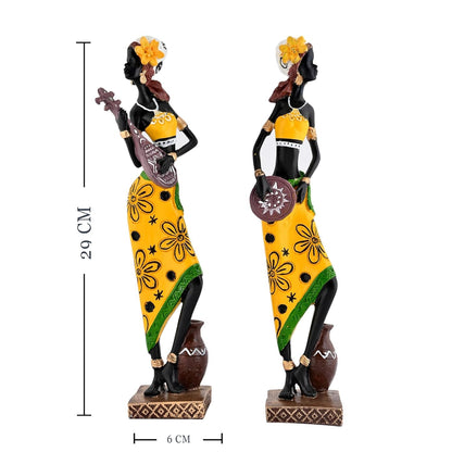 Resin African Girl with Musical Instruments| Captivating Home Décor - (Pack of 2, Yellow & Black- Model 1, Large)