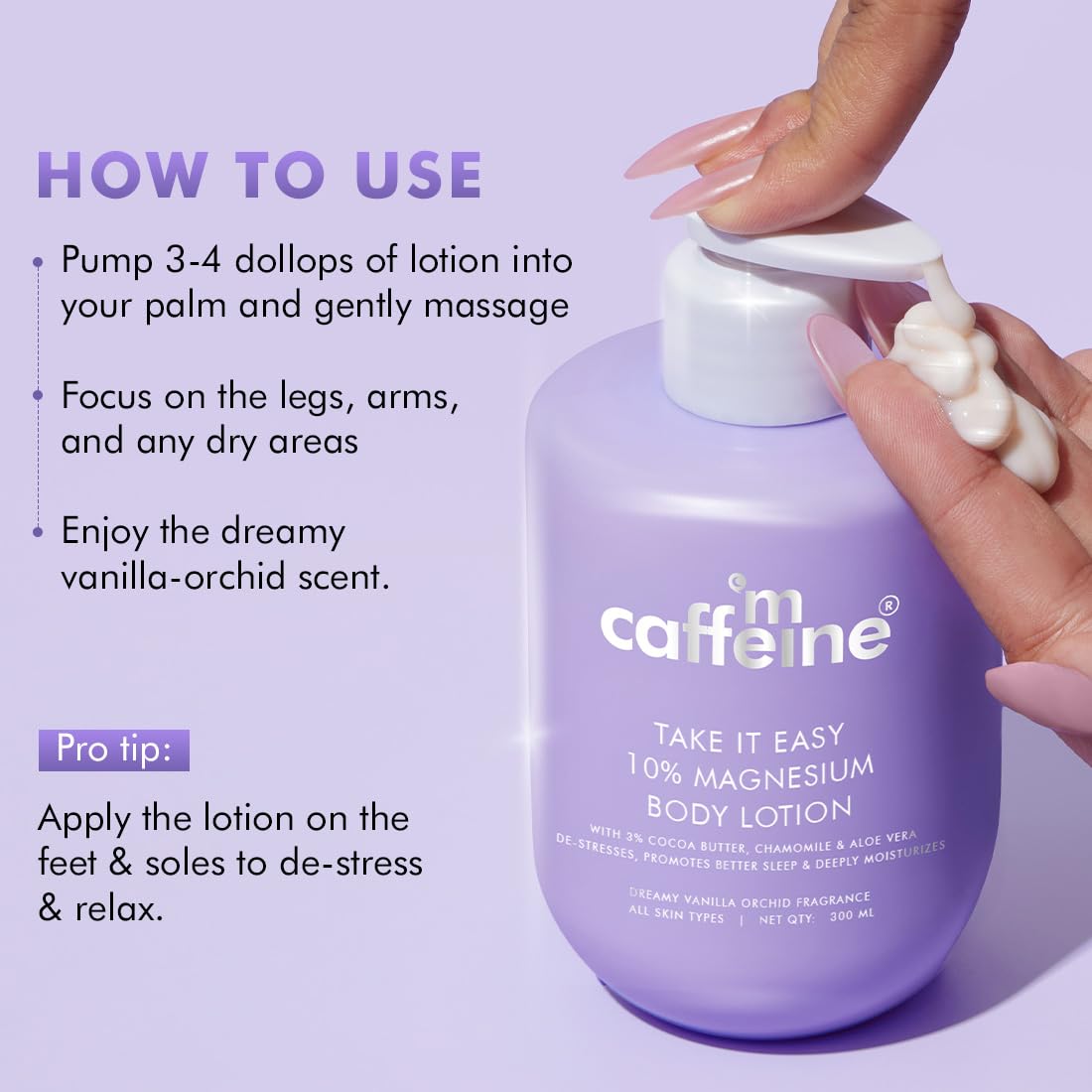 Caffeine body lotion bottle with application instructions on a purple background