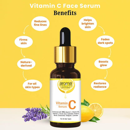 Aroma Treasures Vitamin C Face Serum for Glowing Skin with 15% Vitamin C, Ferulic Acid, Aloe Vera & Essential Oils – Brightens, Hydrates & Reduces Dark Spots – For All Skin Types – 30ml