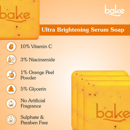 BAKE 10% Vitamin C Ultra Brightening Serum Soap (300g, Pack of 3) with 3% Niacinamide & Turmeric for Pigmentation, Sun Tan & Dark Spots | Exfoliates Dead Skin Cells, Removes Stubborn Marks | For Men & Women - 300g