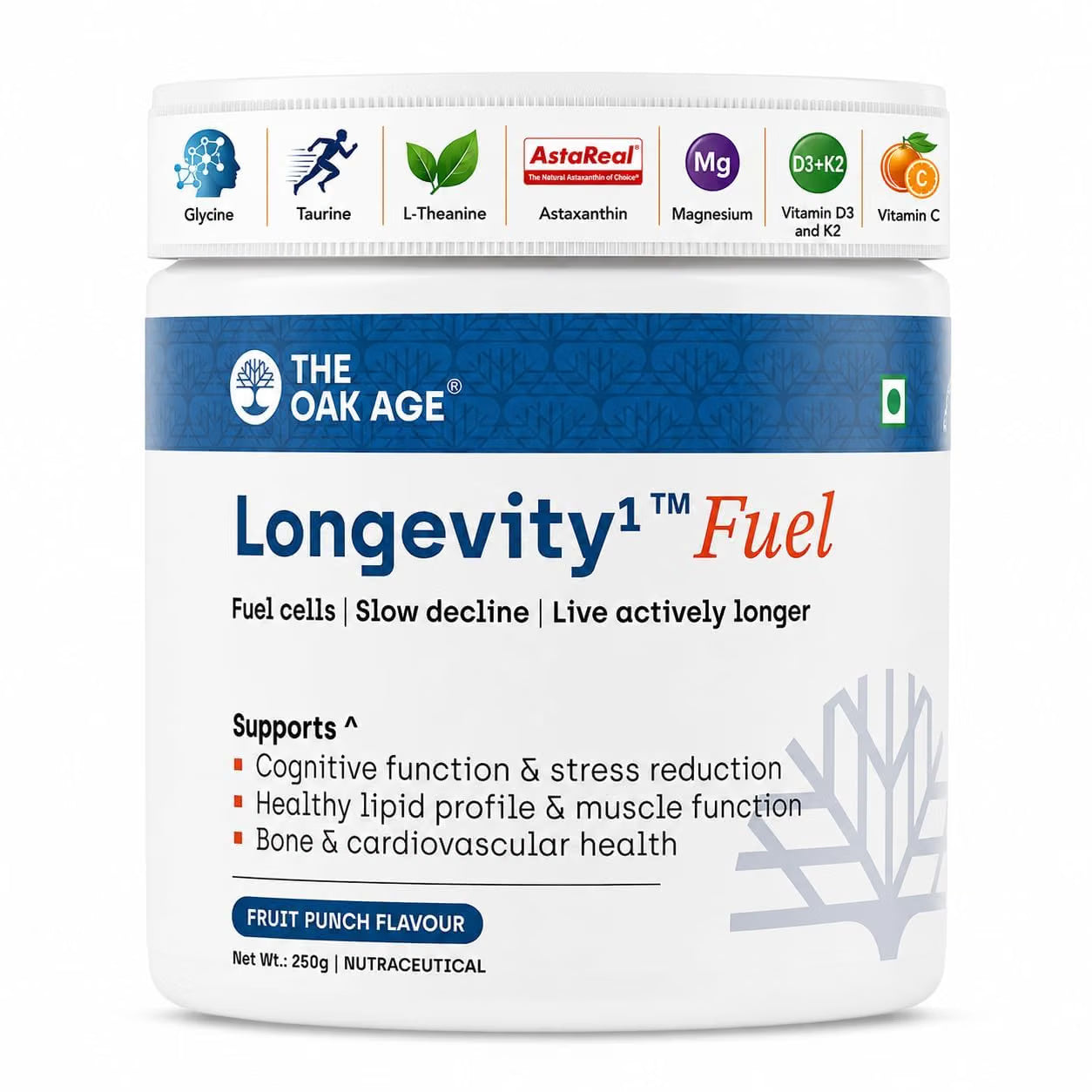 The Oak Age Longevity Supplement Powder| 10 Proven Ingredients in 1 Daily Scoop| Supports Sleep, Energy, Skin Hydration & Heart Health| Glycine, Taurine, AstaReal Astaxanthin, Vitamin D3 & K2| Fruit Punch Flavour