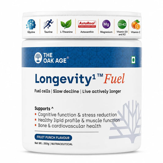 The Oak Age Longevity Supplement Powder| 10 Proven Ingredients in 1 Daily Scoop| Supports Sleep, Energy, Skin Hydration & Heart Health| Glycine, Taurine, AstaReal Astaxanthin, Vitamin D3 & K2| Fruit Punch Flavour