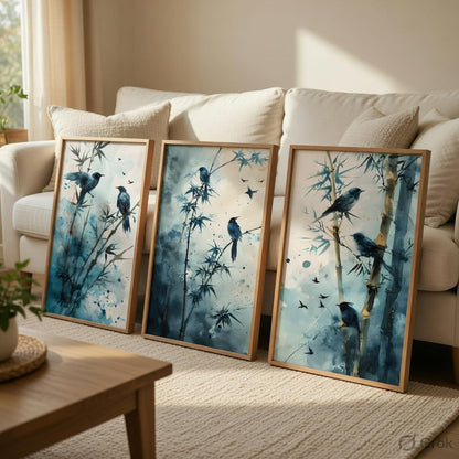 Bamboo Bird Wall Art Set of 3 | Wooden Frame MDF Nature Decor