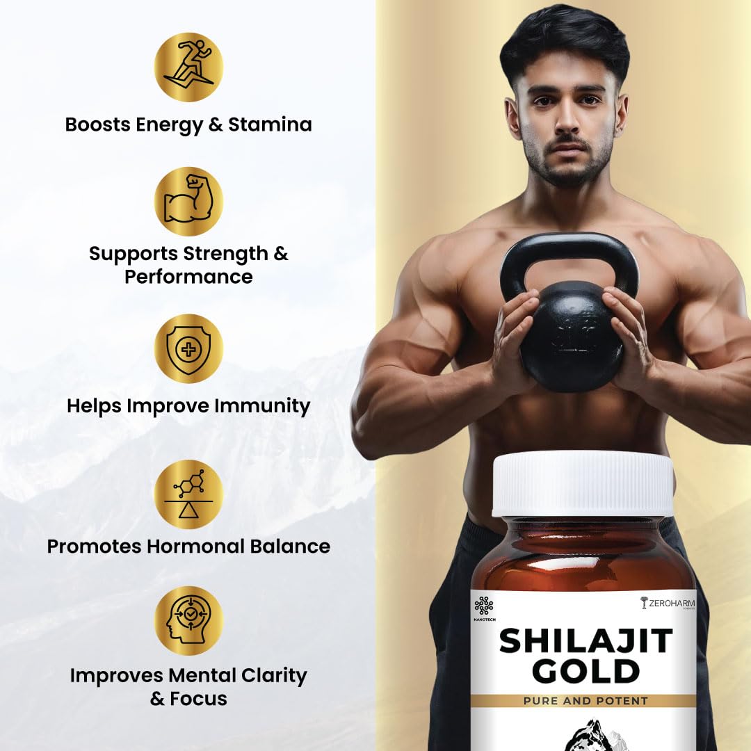 ZEROHARM Nano Shilajit Gold Capsules | Pure Himalayan Shilajit 500mg | Fulvic & Humic Acid | Supports Natural Energy, Stamina & Muscle Growth | Boosts Testosterone Levels for Men | 60 Capsules