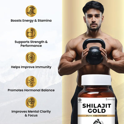 ZEROHARM Nano Shilajit Gold Capsules | Pure Himalayan Shilajit 500mg | Fulvic & Humic Acid | Supports Natural Energy, Stamina & Muscle Growth | Boosts Testosterone Levels for Men | 60 Capsules