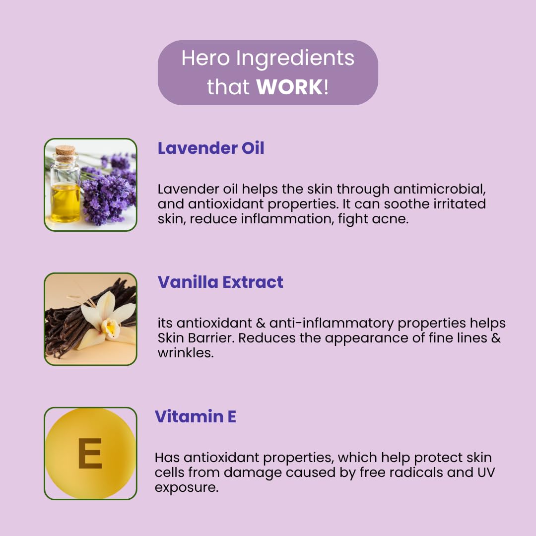 Product packaging with lavender oil, vanilla extract, and vitamin E on a purple background