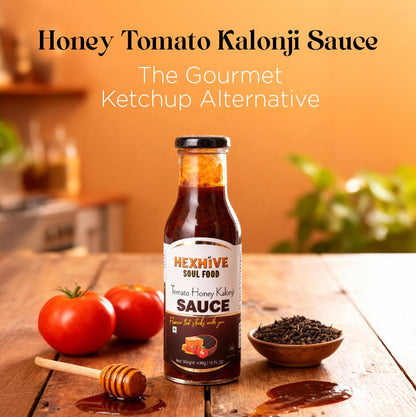 Hexhive Tomato Kalonji Honey Sauce | Tangy Tomato Spread with Raw Honey & Nigella Seeds | No Refined Sugar | Healthy Ketchup Alternative | Dip for Snacks, Parathas, Sandwiches, Fries | 430g