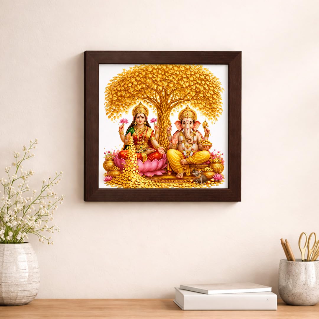 Laxmi Ganesha Gold Coin Golden Tree Money Magnet Vastu Prosperity Hindu Spiritual Mandir Religious Framed Poster Artwork Decor Painting