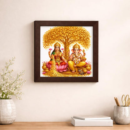 Laxmi Ganesha Gold Coin Golden Tree Money Magnet Vastu Prosperity Hindu Spiritual Mandir Religious Framed Poster Artwork Decor Painting