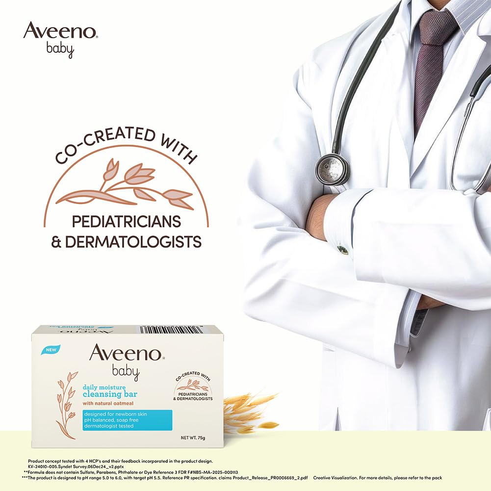 Aveeno Baby Daily Moisture Cleansing Bar 75g | With natural Oatmeal, Glycerin and Shea Butter | Co-created with Pediatricians and Dermatologists for newborn sensitive skin | pH balanced, free of soap, parabens sulfates and phthalates