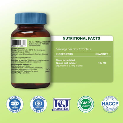 ZEROHARM Nano Zinc Tablets | Guava Leaves Extract | High Absorption Zinc Supplement for Immunity, Skin, Hair, Bone, Vision & Cognitive Health | For Men & Women | 600mg per Serving | 60 Veg Tablets