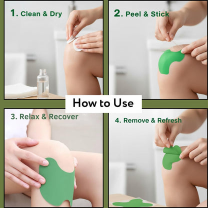 Step-by-step guide on how to use green patches on skin, with text labels for each step.