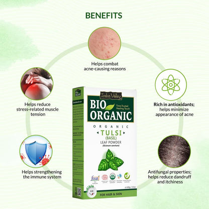 Bio Organic Tulsi leaf powder box with health benefits on a white background