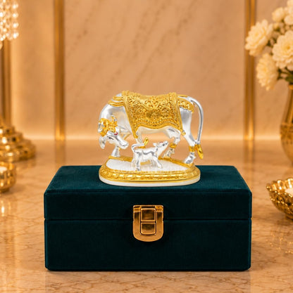 Gold Art India Kamdhenu Cow with Calf Idol | 999 Silver Plated & 24KT Gold Plated | Two Tone Matte Finish | Premium Peacock Green Velvet Gift Box | Vastu Cow Statue for Home Temple & Spiritual Gifting