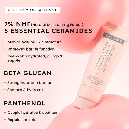 Hyphen Ceramide Rich Pillow Cream with product details on a pink background