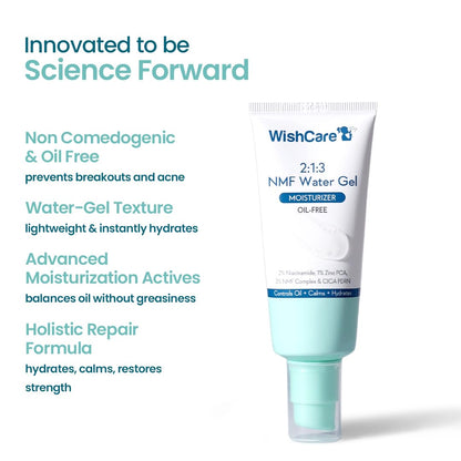 WishCare NMF Water Gel tube with product features on a white background