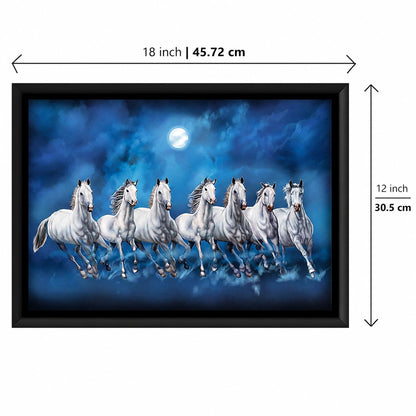 Seven Lucky Running Vastu Horses Art Framed Painting (Ocean Blue, 12 Inch x 18 Inch)