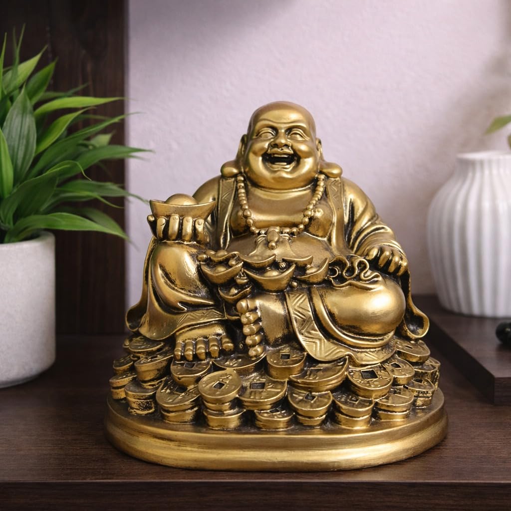 Laughing Buddha Statue for Gift, Home Decor & Good Luck |Feng Shui Buddha Idol for Wealth, Prosperity & Positivity|Vastu Showpiece Item for Office & Living Room (5 Inches | Resin | Golden)